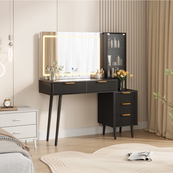 Ataujin 48" Fluted Makeup Vanity Desk with LED Mirror & Lights, 5 Drawers, 36" HD Lighted Mirror & Glass Top, Built-in Power Outlet, Modern Dressing Table for Bedroom