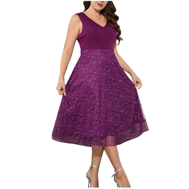 Birdeem Robes à Sequins Sans Manches à Col en V pour Femmes Grande Taille