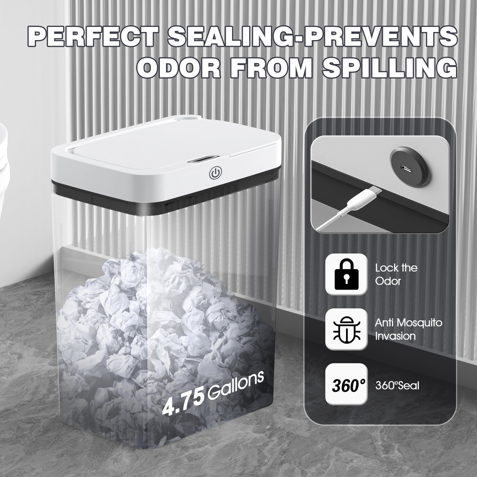 CshidWorld Automatic Bathroom Trash Can with Lid, 3.95 Gallon Touchless Trash Bin, Smart Plastic Slim Garbage Can Small White Wastebasket for Bedroom, Bathroom, Office, Living Room, Toilet, RV