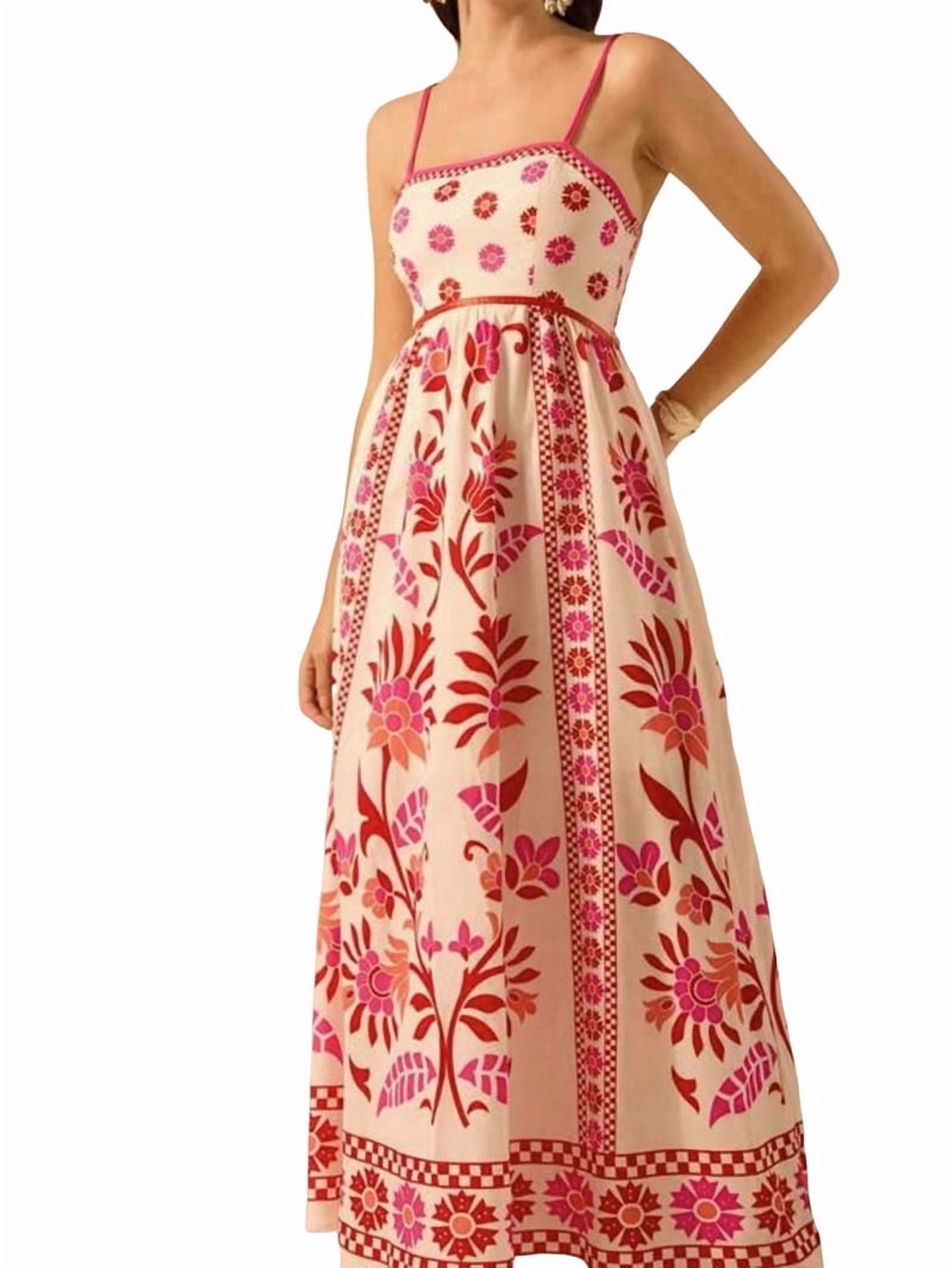Womens 2025 Summer Floral Maxi Dress Sleeveless Spaghetti Strap Printed Smocked Boho Beach Long Dress Red M