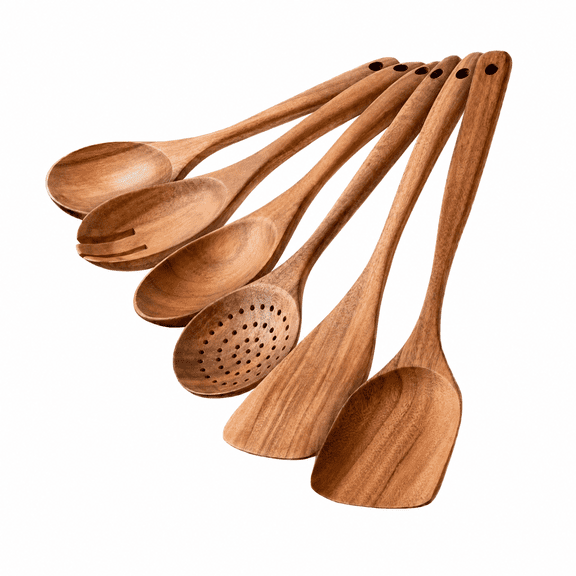 Asoricing 6-Piece Wooden Cooking Utensil Set with Storage Box, Acacia Wood Kitchen Spatula and Spoon Set for Nonstick Cookware, Long Handle Heat Resistant Cooking Tools