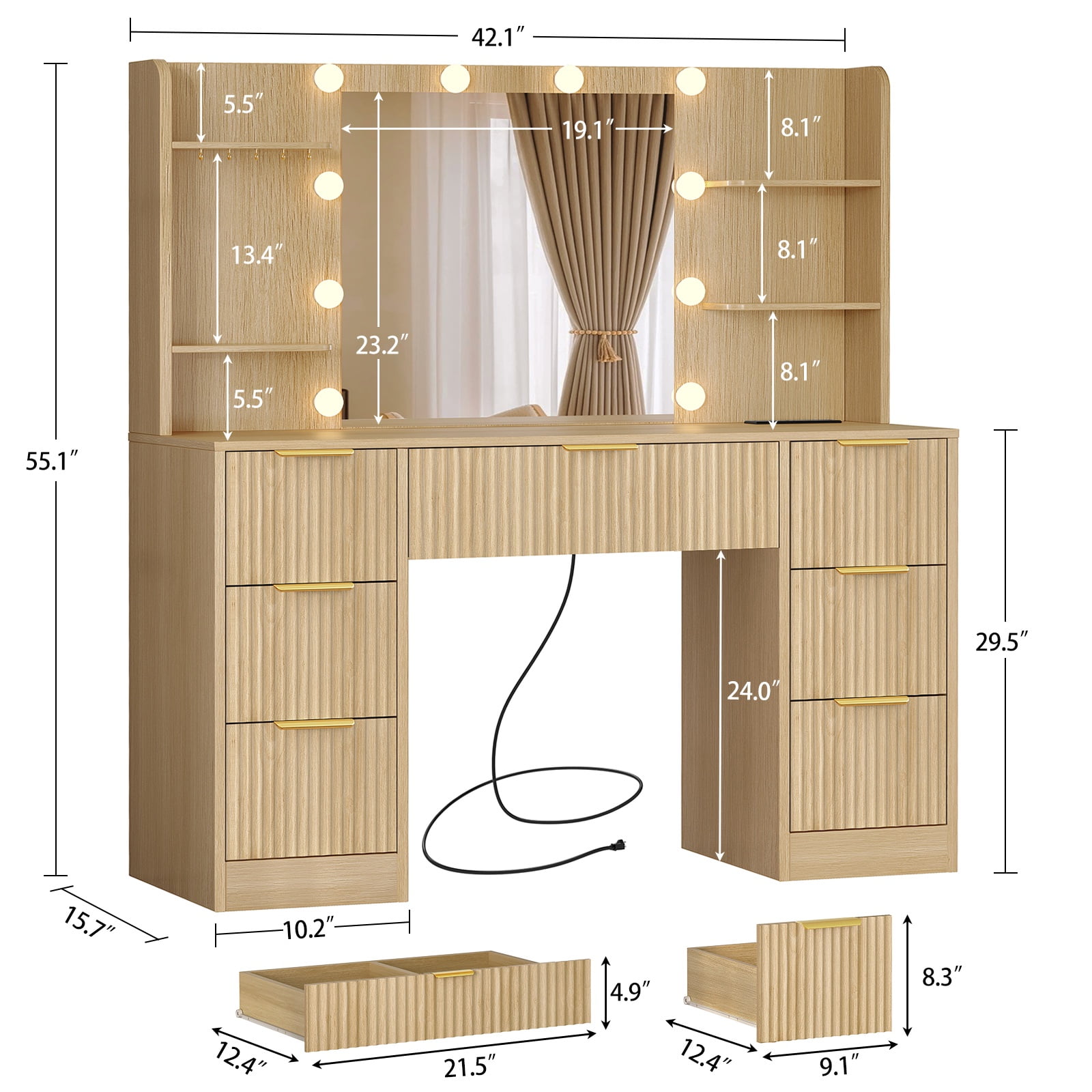TEENFON Large Makeup Vanity Set with Mirror & Power Outlet, Vanity Desk with 7 Drawers, 4 Shelves and 5 Hooks, Vanity Table, Vanity Desk for Bedroom, Natural