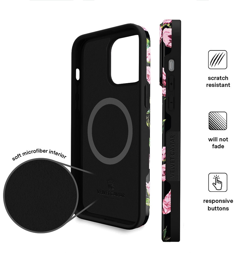 VELVET CAVIAR for Floral iPhone 14 Pro Max Case Compatible with MagSafe - Cute Protective Black Case for Women - Pink Rose Flower