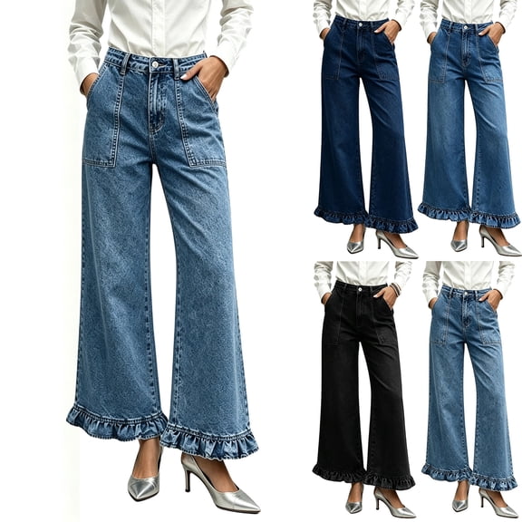 Cekizud Jeans for Women Ruffle Wide Leg Jeans Cropped High Waisted Trendy Denim Pants with Pockets, S-2XL