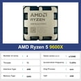 thumbnail image 3 of Procesador CPU AMD Ryzen 5 9600X Nuevo R5 9600x 5.4GHz 6 núcleos 12 subprocesos Gráficos integrados RDNA2 2CU TDP 65W Socket AM5 pero sin ventilador, 3 of 4