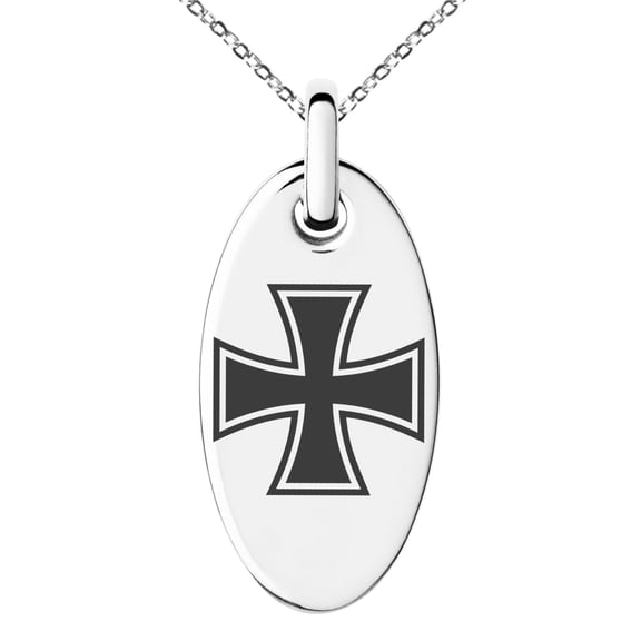 Tioneer Stainless Steel Pattee Iron Cross Engraved Small Oval Charm Pendant Necklace
