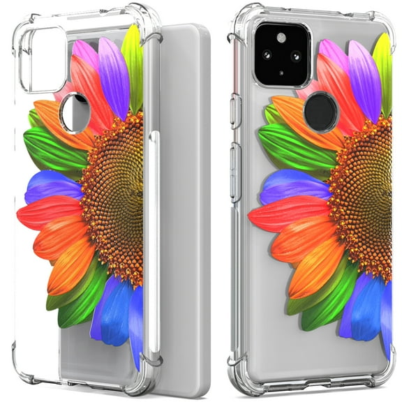 CoverON Phone Design For Google Pixel 5a Case, Clear Flexible Soft Rubber Slim TPU Cover, Rainbow Sunflower