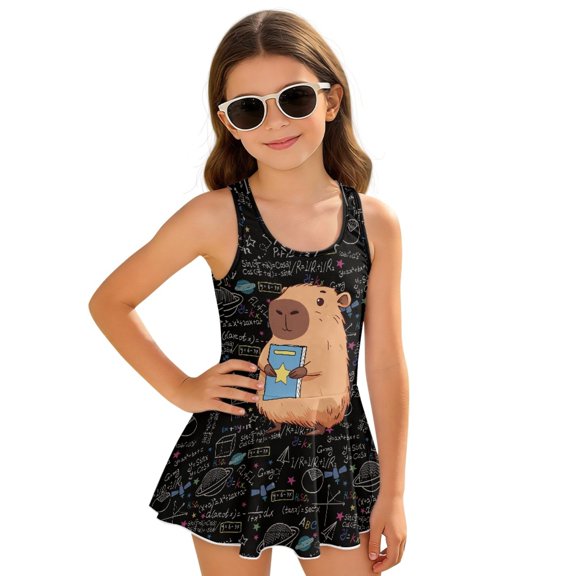 Uourmeti Cartoon Capybara Math Formula Swim Dress for Girls Sleeveless Skirted One Piece Bathing Suit Quick Dry Beach Swimwear for Pool & Vacation