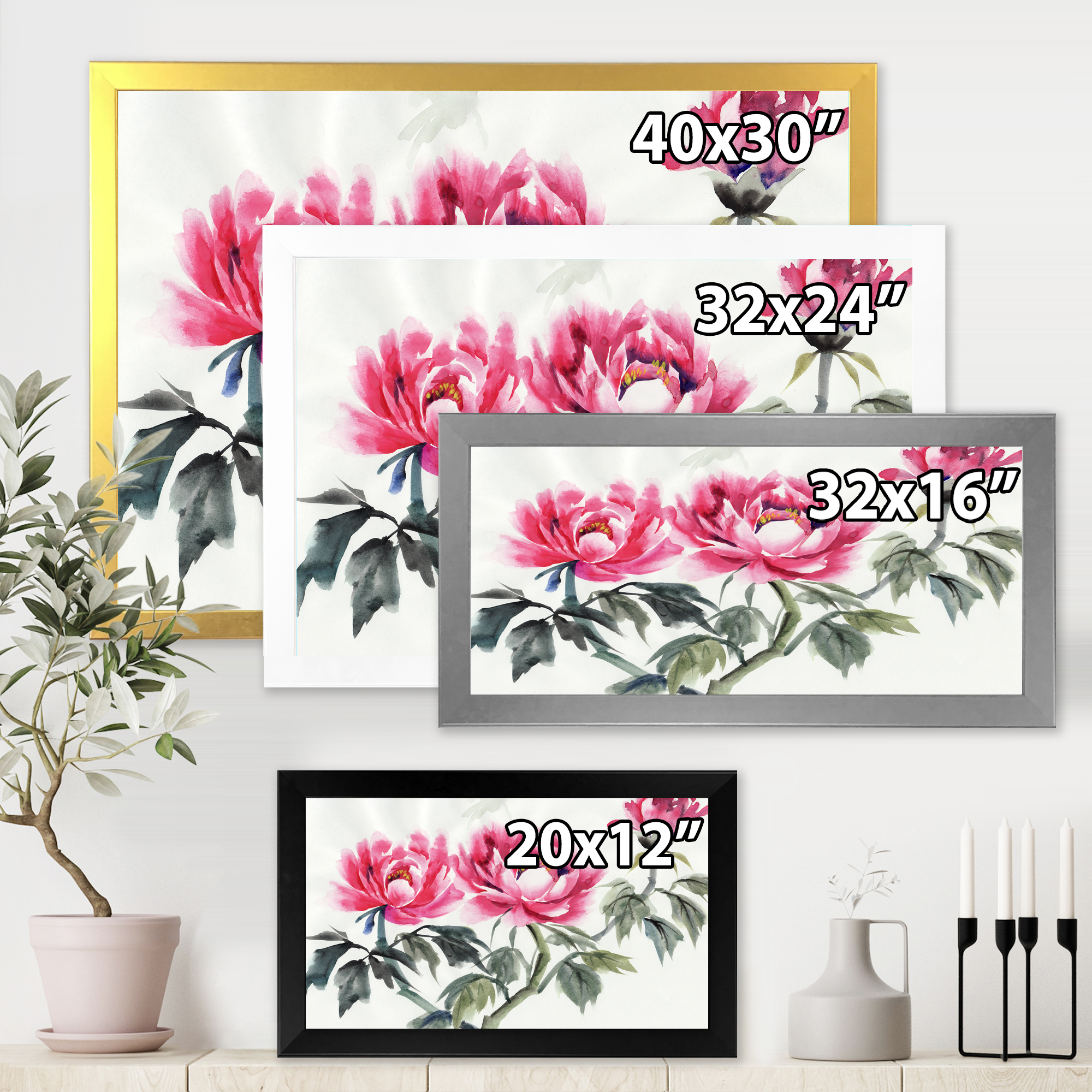 Designart 'Ancient Purple Peonies Branch' Traditional Framed Art Print