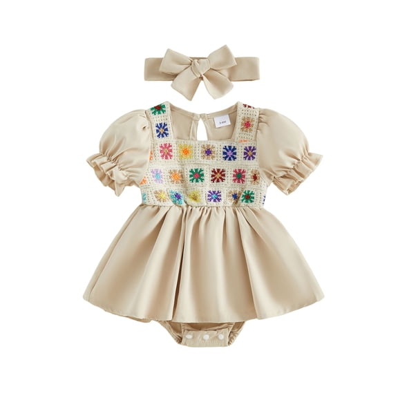 Aojekbee Baby Girl Summer Outfits Crochet Flower A Line Short Sleeve Romper Dress and Headband 2 Pcs Set
