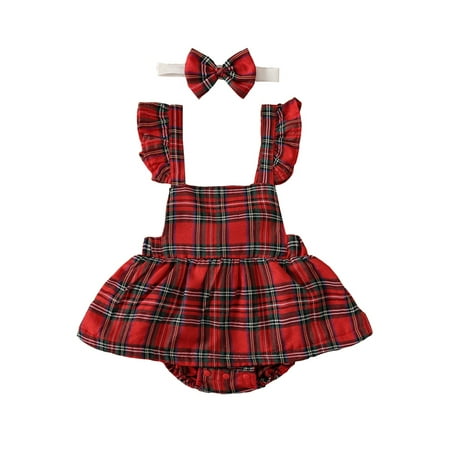 

Bagilaanoe Newborn Baby Girl Christmas Rompers Dress Plaid Sleeveless Bodysuit + Headband 6M 12M 18M 24M Infant One Piece Jumpsuit A-line Dress