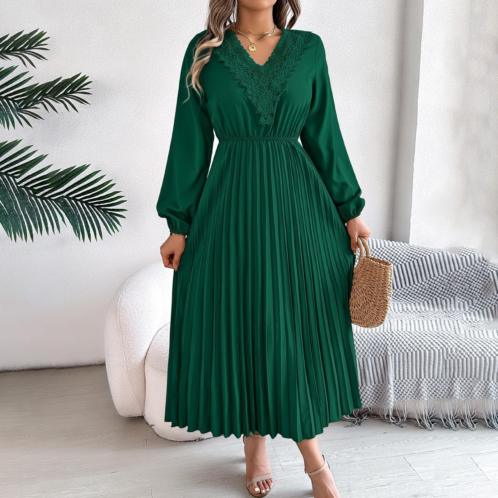 SCOMCHIC Women's Plus Size Casual Dresses Long Sleeve V-Neck Dress with  Belt Tie Emerald Green Dress 4XL - Walmart.com