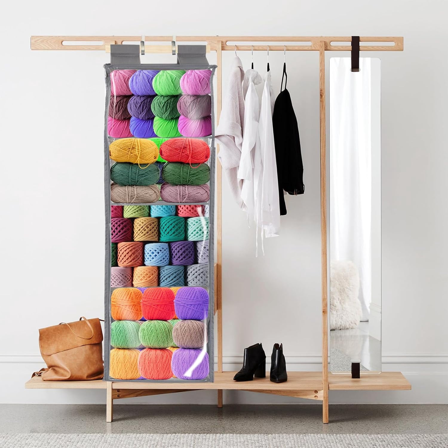 ABPETE Hanging Yarn Storage with 4 Large Pockets - Clear Knitting Organizer with Zippers for Crochet Lovers, Hanging Yarn Holder with Over-Door Hooks for Knitting Needles & Crochet Hooks (Gray)