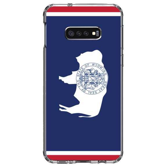 DistinctInk Clear Shockproof Hybrid Case for Samsung Galaxy S10e (5.8" Screen) - TPU Bumper, Acrylic Back, Tempered Glass Screen Protector - Wyoming State Flag - US State Flag