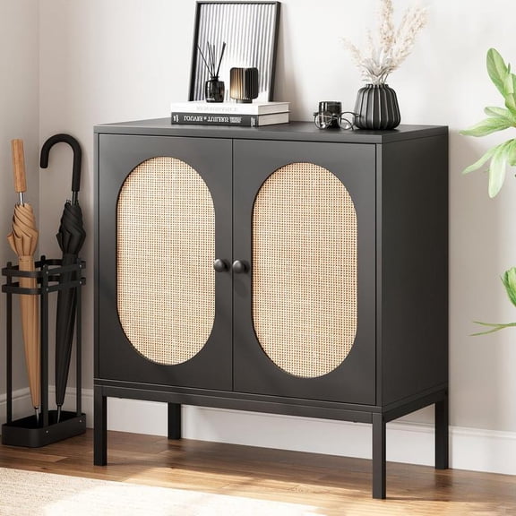 Black Buffet Cabinet, Rattan Storage Cabinet with Doors and Shelves, Accent Cabinet Sideboard, Console Cabinet with Storage Entryway Cabinet for Living Room, Dining Room, Hallway