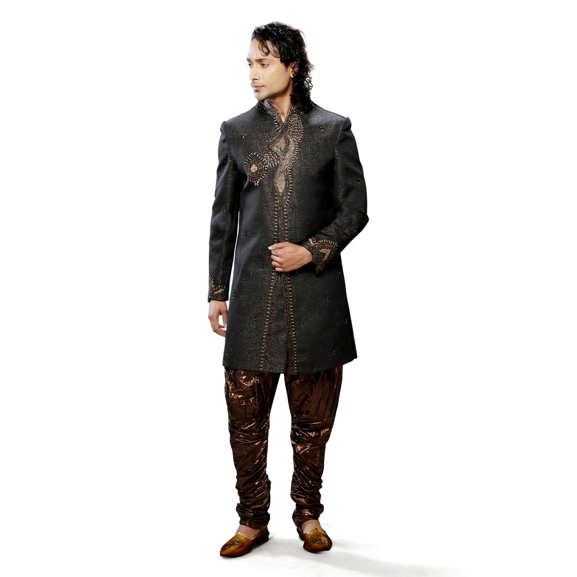Black Jacquard Silk Indian Wedding Indo Western Sherwani For Men. This product is custom made to order