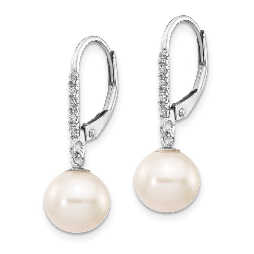Primal Gold 14 Karat White Gold 8-9mm Round Freshwater Cultured Pearl .05ct Diamond Leverback Earrings