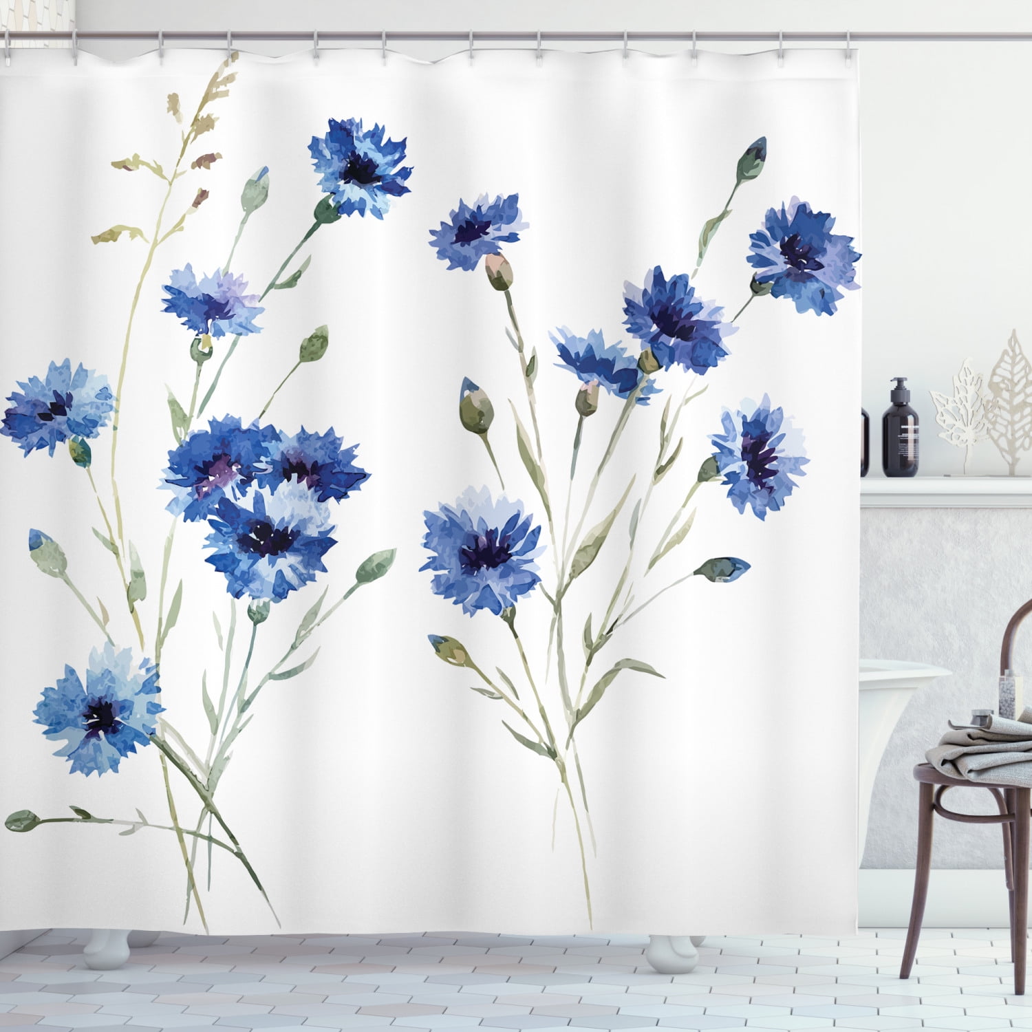 Vintage Blue Shower Curtain, Bundles of Blue Carniation Flowers with