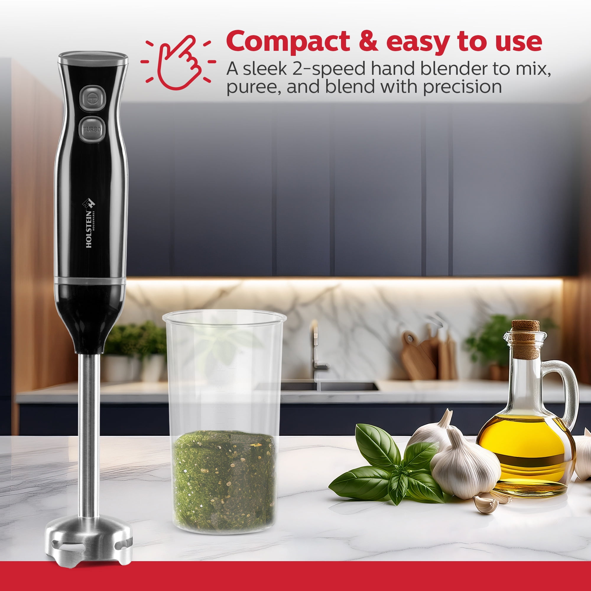 Holstein Housewares 2-Speed Hand Blender, Black – 150W Motor, Stainless Steel Blades, BPA-Free Measuring Cup Included