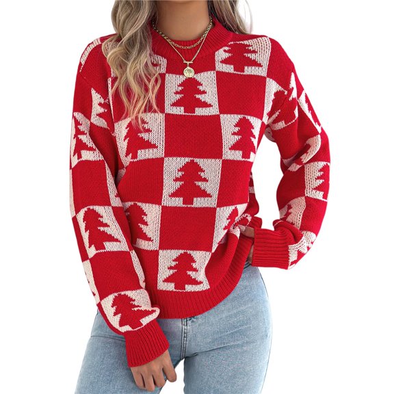Women's Christmas Tree Plaid Lantern Long-Sleeved Crew Neck Pullover Sweater Red M