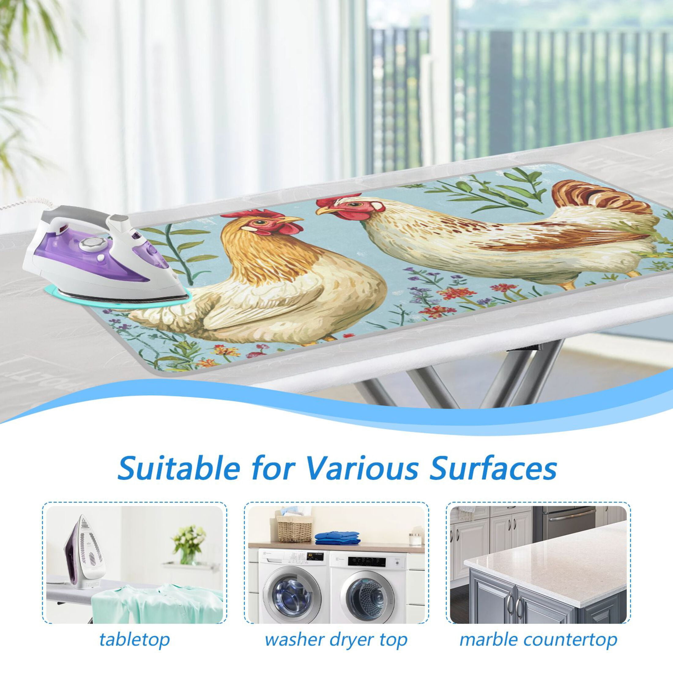 Two Chickens on Meadow Florals Ironing Mat Blanket Portable Travel Ironing Pad Heat Resistant Pad 47.2" x 27.6”