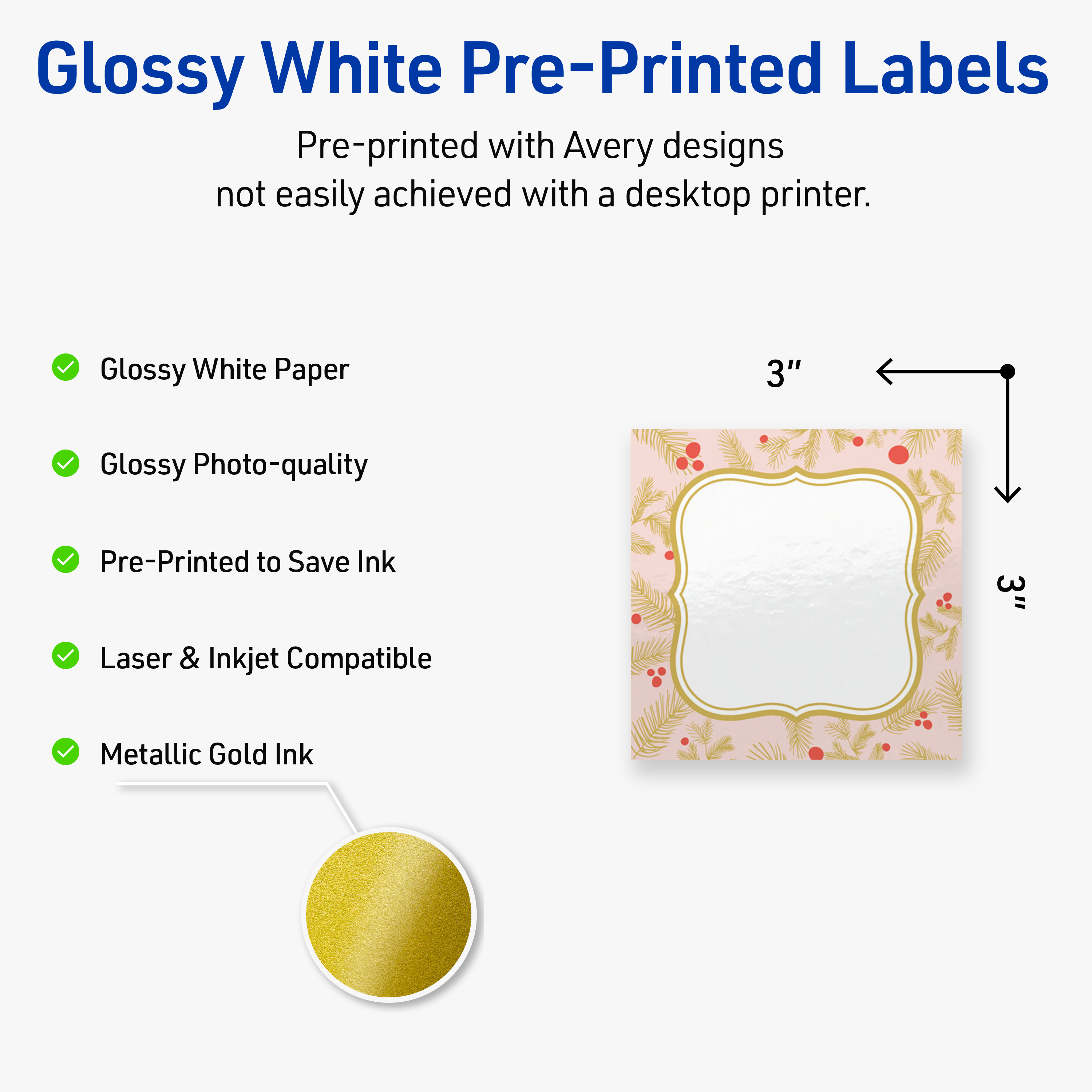Avery Labels, 3" x 3", Gold-Pink Berries, Glossy, 60ct