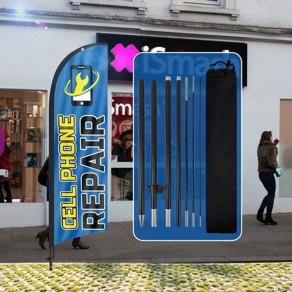 QSUM Cell Phone Repair Feather Flag with Flag Pole Kit and Ground Spike, 8.2FT Cell Phone Repair Windless Flag Banner Sign Business for Outdoor Advertising Sign Decoration Display