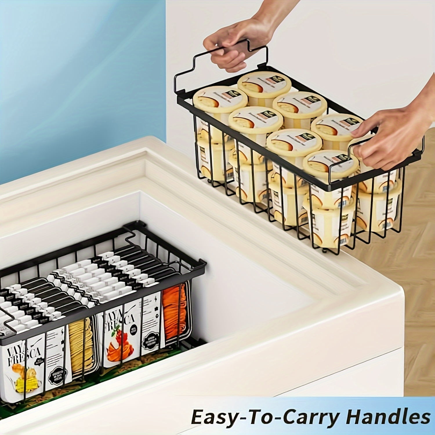 6 PACK Freezer Organizer Bins (14.6''L X 7.1''W X 5.2''H), Stackable Chest Freezer Organizer For 7 Cu.FT Deep Freezer Sort frozen Food, Deep Freezer Organizer Bins Easily W/Handle Add Storage Space