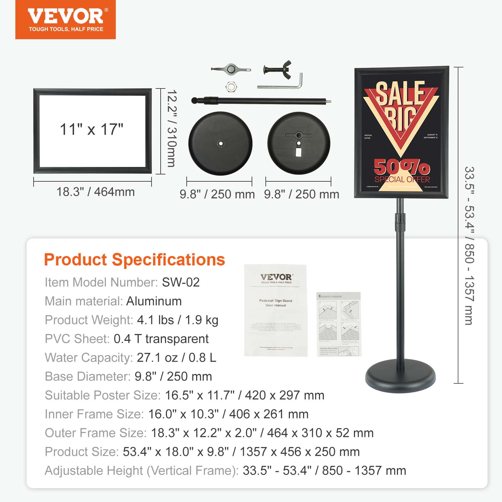 BENTISM Pedestal Sign Holder Adjustable Poster Stand 11 x 17 Inch Round Base