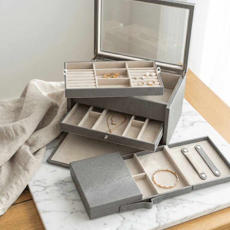 Hives and Honey Danielle Leather Jewelry Box for Women, Pewter
