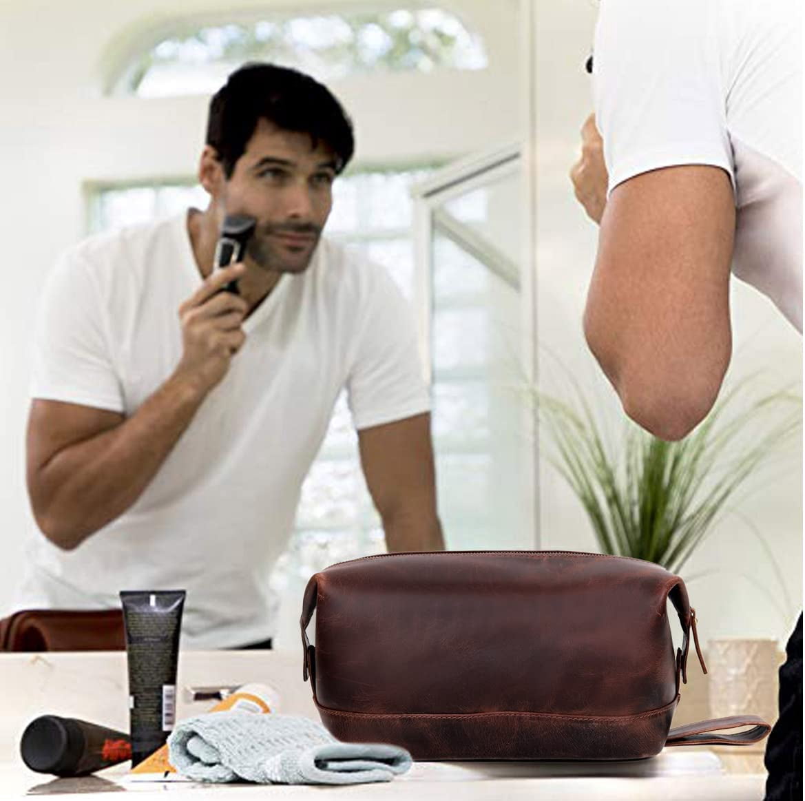 Leather Brown Buffalo DoppKit Unisex Travel Toiletry Cosmetic Pouch Shaving Kit Men Women