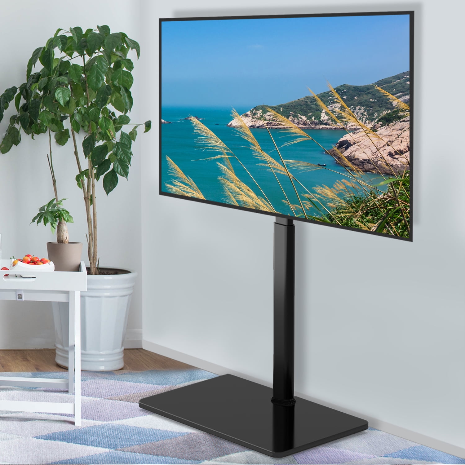 Modern Black Floor TV Stand for TVs up to 65" with Swivel Metal Mount