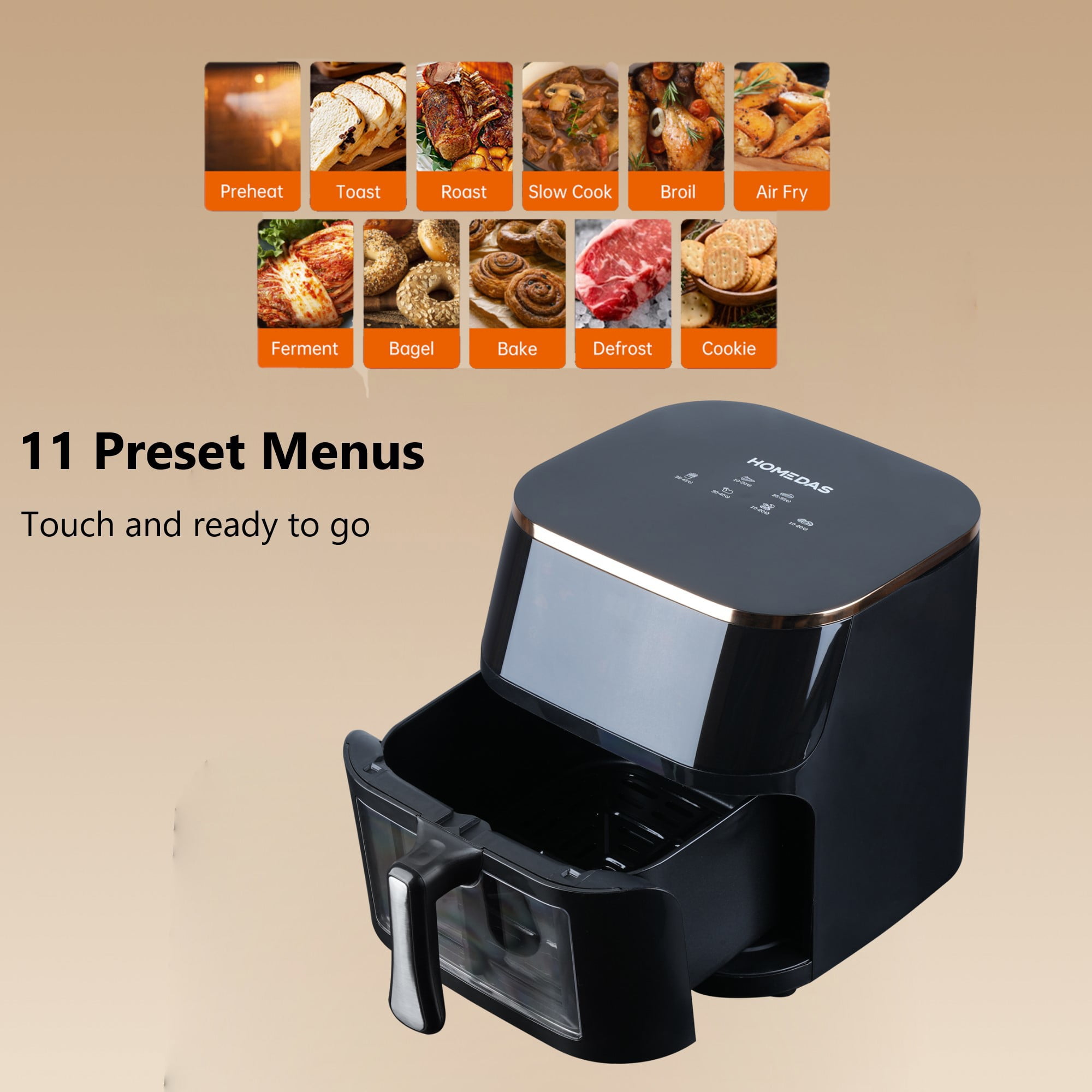 PDstation Air Fryer 10L Max 450F for Cooking, 6 Presets Fry Touch Panel Easy View Window, Dishwasher-Safe Basket, Customized Temp/Time, Fries, Chicken, Meat, Fish,New Black