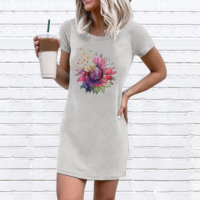 LOVZFMLL Robe Décontractée à Manches Courtes Imprimée Mode Été Femme Gris 2TG