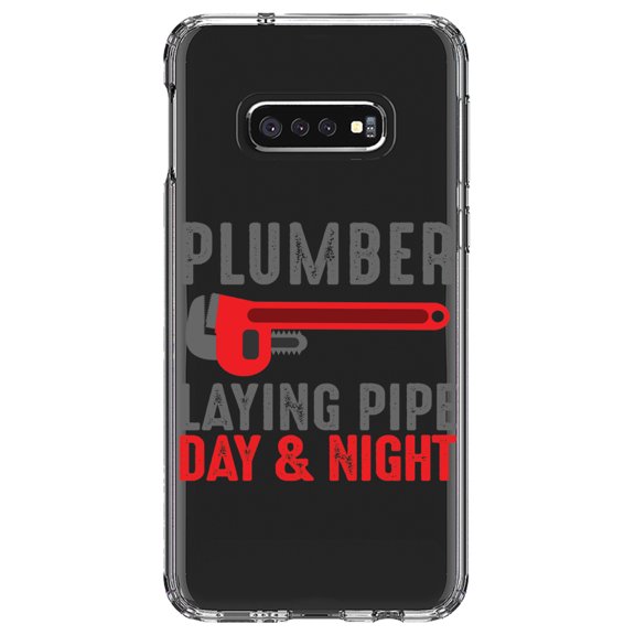DistinctInk Clear Shockproof Hybrid Case for Samsung Galaxy S10e (5.8" Screen) - TPU Bumper Acrylic Back Tempered Glass Screen Protector - Plumber - Laying Pipe Day & Night