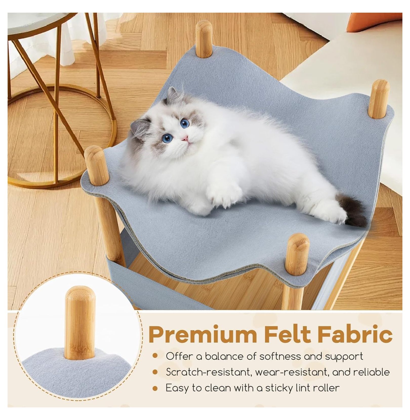 Elevated Cat Bed for Indoor Cats, 2-Tier Cat Cave with Felt Hammock, Bamboo Frame, Storage Shelf - Small Condo for Kittens & Adult Cats
