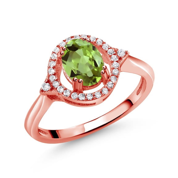 Gem Stone King 1.24 Ct Oval Green Peridot 18K Rose Gold Plated Silver Ring (Size 7)