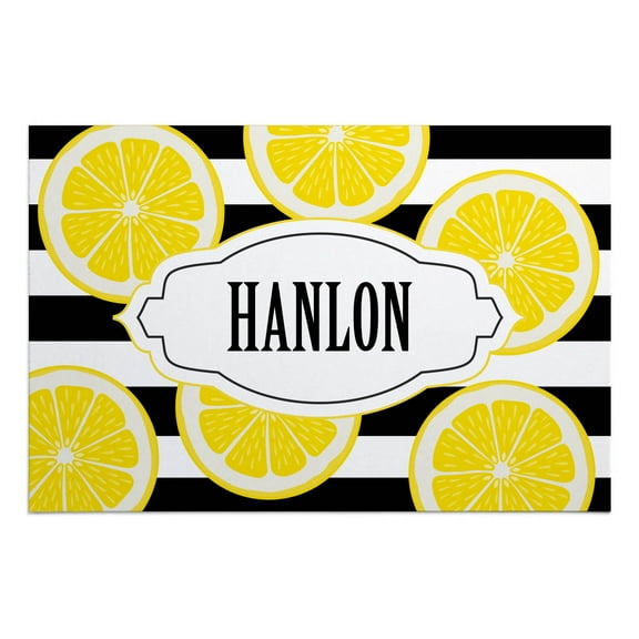 Personalized Planet 27x18 Lemons Lemons Lemons Doormat with Custom Family Name Printed on Black and White Striped Rectangular 1/8” Thick Non Slip Mat for Kitchen Hallway Deck or Porch