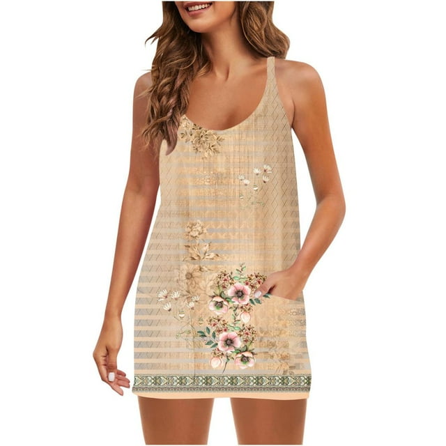 Femmes Été Sans Manches Mini Robe V Cou Bretelles Spaghetti Robe de Soleil Athlétique Robe Courte avec Poches