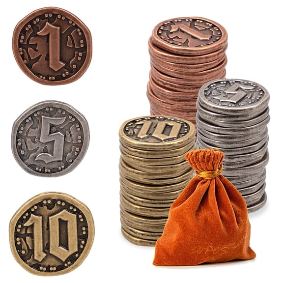 50PCS Metal Coins for Board Games, Prefdo Gold & Silver Tokens for Poker, RPG, Strategy Tabletop Gaming, Fantasy Metal Coins, Heavy Duty Generic Game Currency
