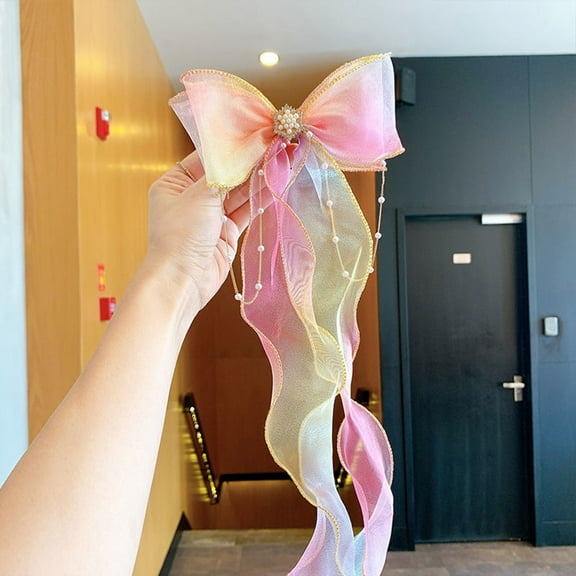 Tuscom 2Pcs Cute Mesh Gradient Bow Hair Clip for Womens, Pearl & Ribbon Tassel Hair Accessories for Ponytail, Braids, School, Wedding