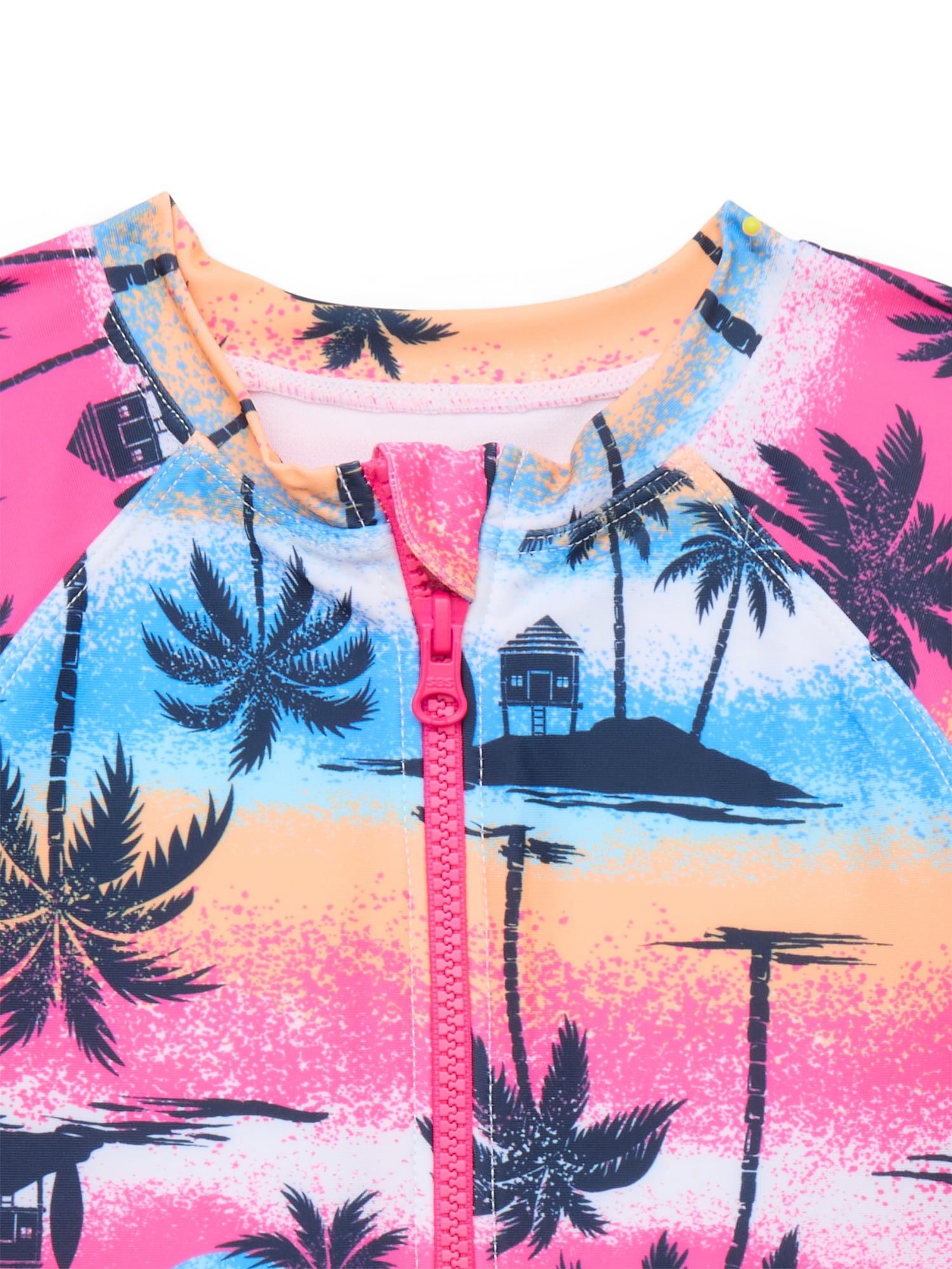 Wonder Nation Girls Short Sleeve Zip-Up Rash Guard One-Piece Swimsuit with UPF 50, Sizes 4-18 & Plus