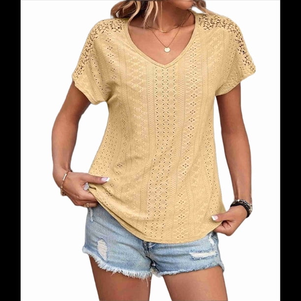 Tops de Verano para Mujer, Moda 2025, Camisetas con Cuello en V Cruzado y Ojales, Camisetas Holgadas Informales de Corta, Camisetas de Moda Amarillas M