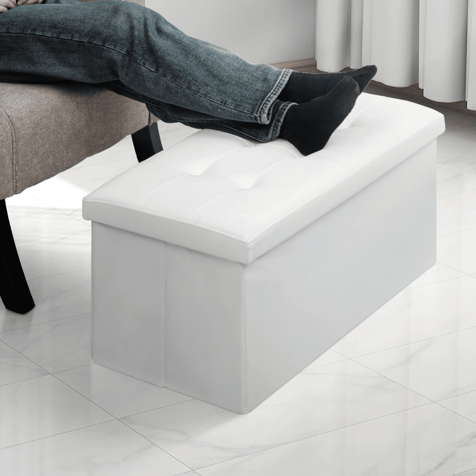 MoNiBloom 30" Folding Storage Ottoman Bench, PU Leather Collapsible Footrest Ottoman with Storage, for Living Room Bedroom Entryway, White