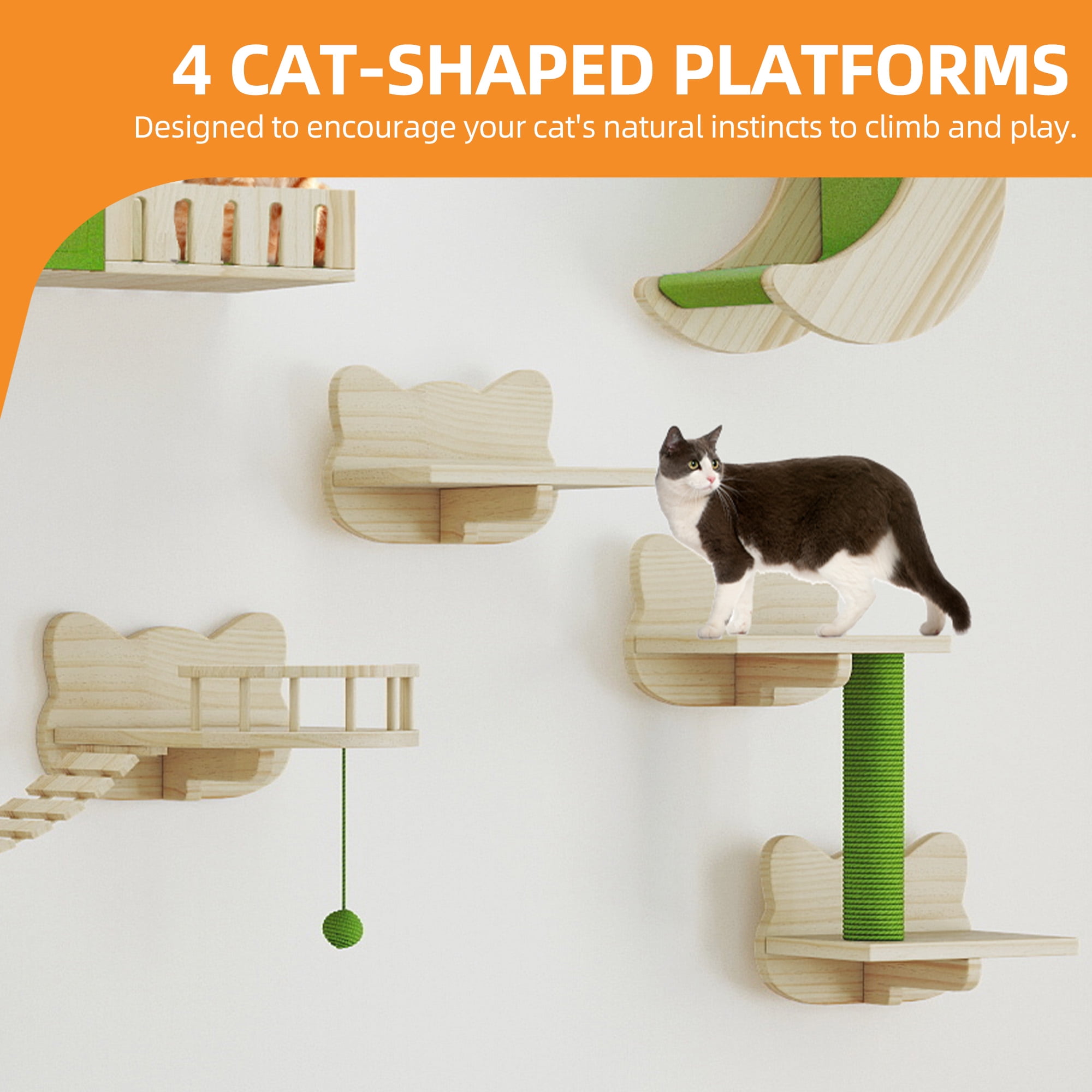 Craftian Wall Mounted Solid Wood Cat Wall Shelves with Wall House & Fence