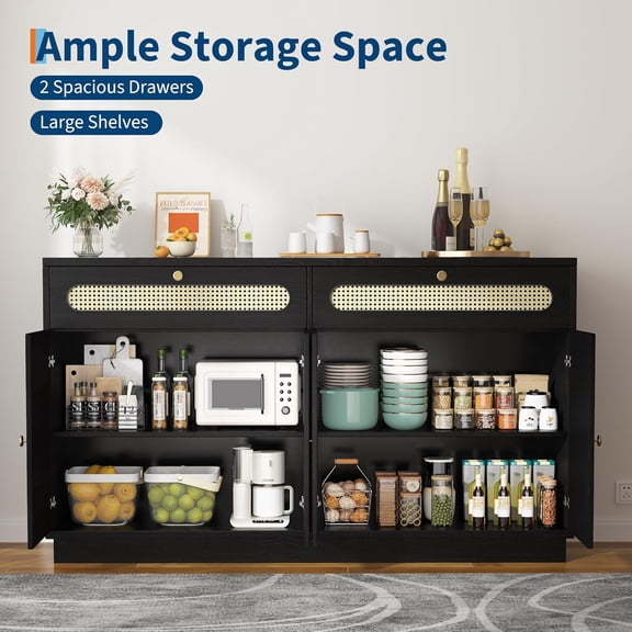 Historyli 60Inch Rattan Sideboard Cabinet with 2 Drawers and 4 Rattan Doors, Buffet Cabinet with Adjustable Shelves, Black