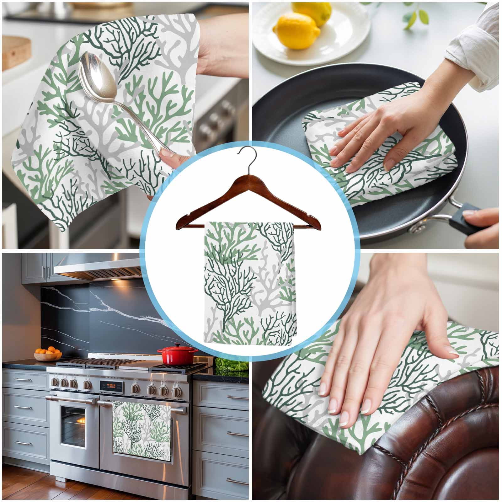 Sage Green Gray Coral Coastal 1 Pack Kitchen Towel, Water Absorbent Dish Towel, Summer Beach Seaside Nautical Decorative Hand Towels - Quick Drying Cloth for Cooking Baking, 18x28 Inch