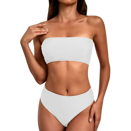 MSJUHEG Swimsuit Sets White High Waisted Bikini Bandeau Bikini Set Two Piece Swimsuit Multi Color Breast Top Lace Up Sexy Bikini Swimsuit Bikini Sets for Women Bathing Suit for Women Bikini White M