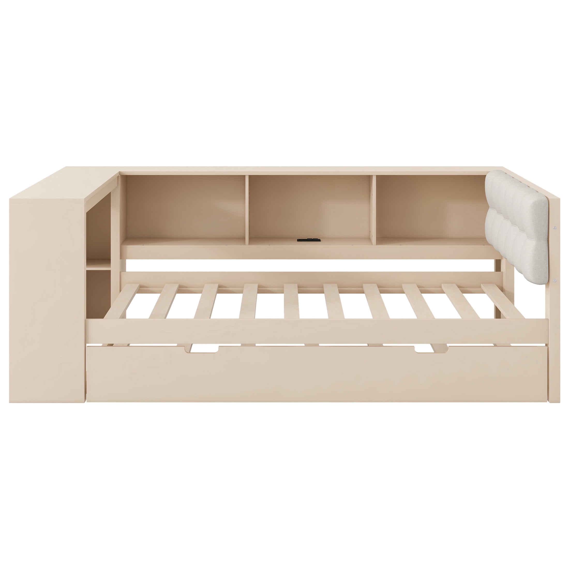 Noble House Twin Wooden Platform Bed, Upholstered Headboard, Storage Shelves, Charging Station and Trundle, Cream