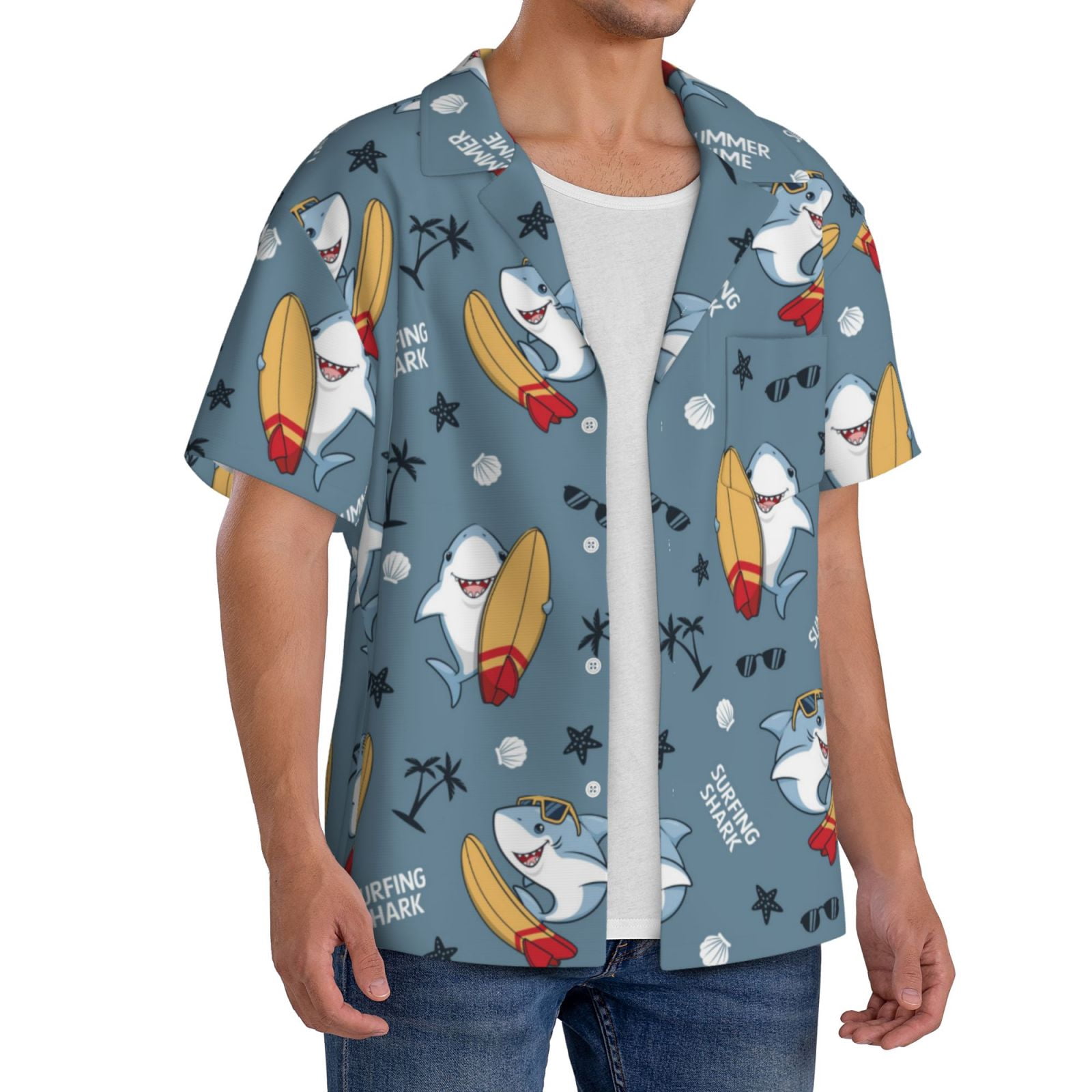 Kdxio Men's Hawaiian Shirt for Men Short Sleeve Shirt Surf Shark Summer Casual Holiday Beach Button Down T-Shirts